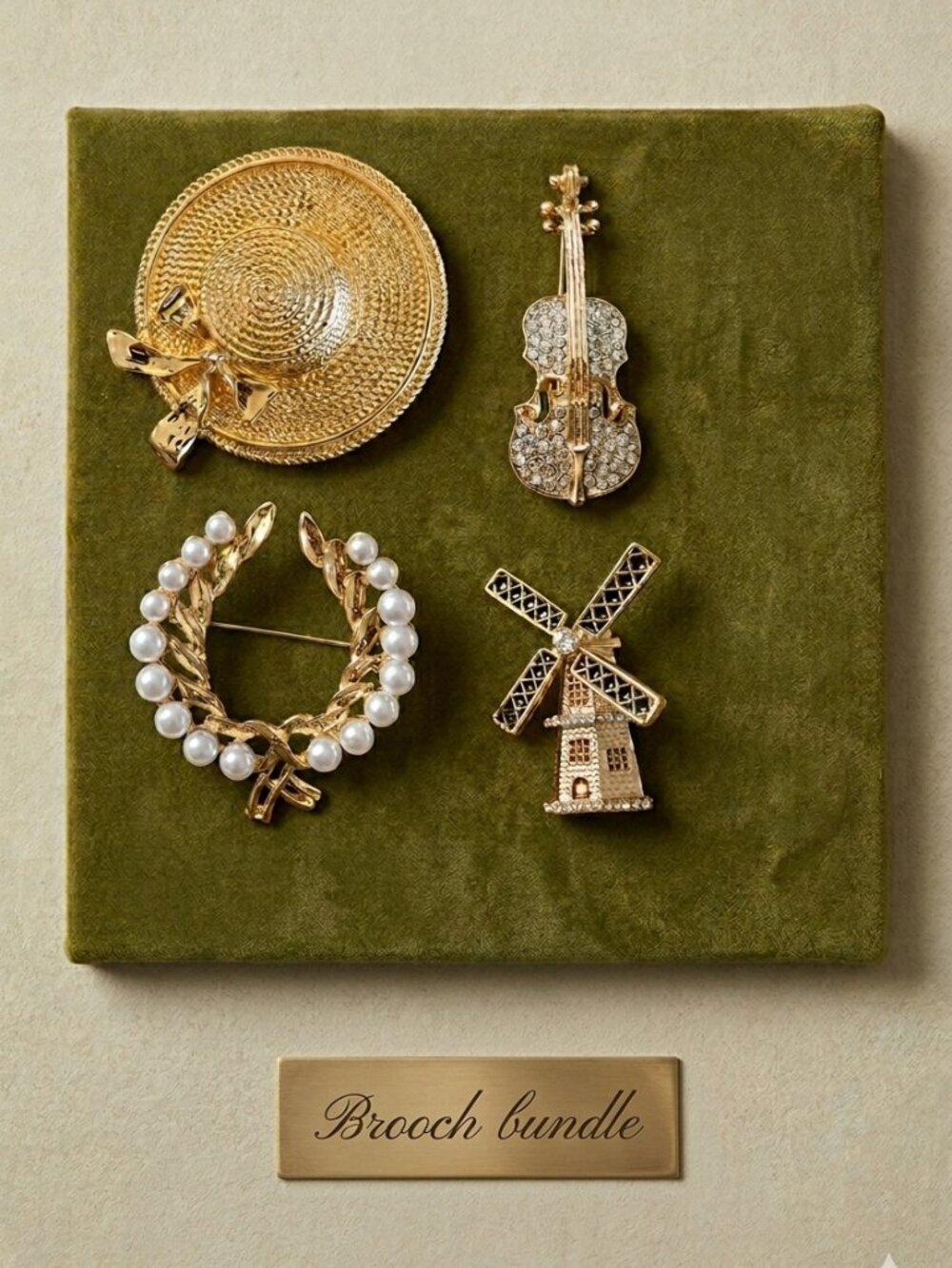 Vintage Style Brooch Bundle Gold Hat Windmill Pearl Classic European Jewelry Set